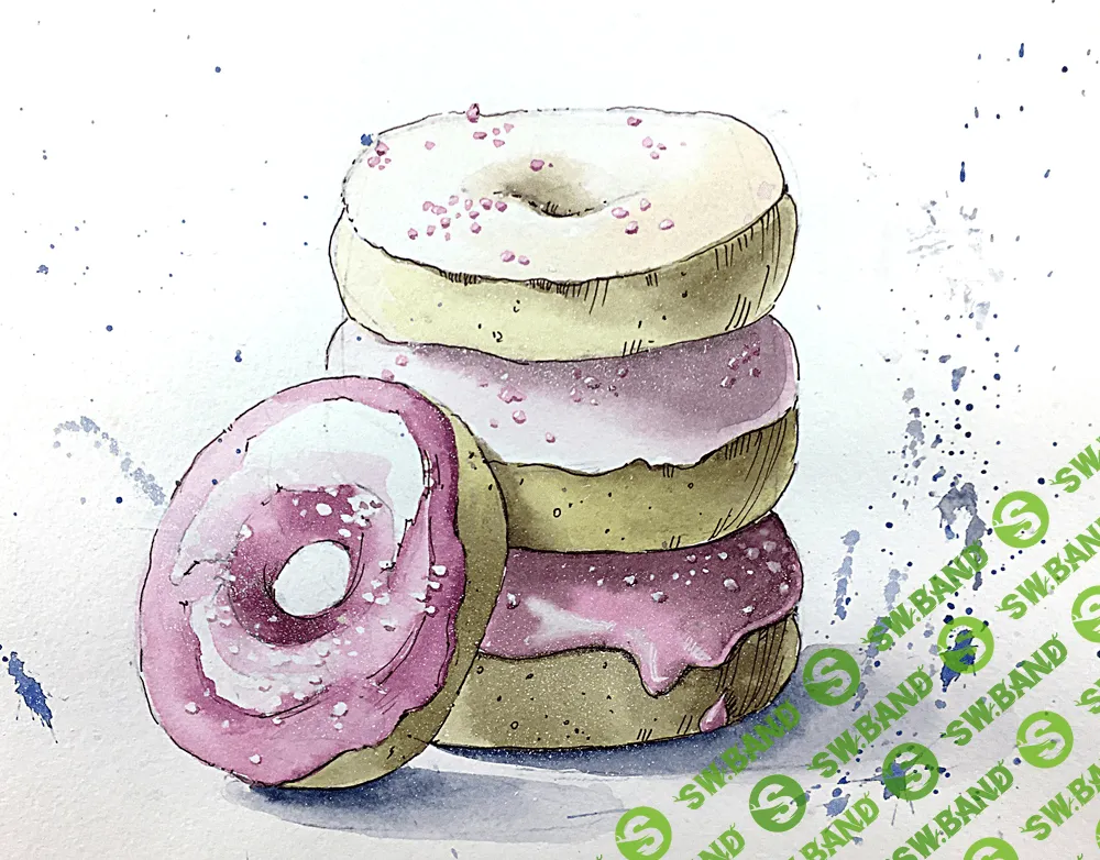 [Дарья Куцаева] Food скетчинг акварелью: розовые пончики