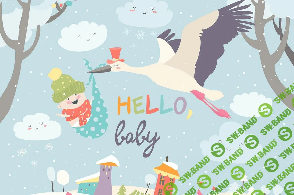 [Elements.Envato] Вектор иллюстрация: Аист летит в небе с ребенком