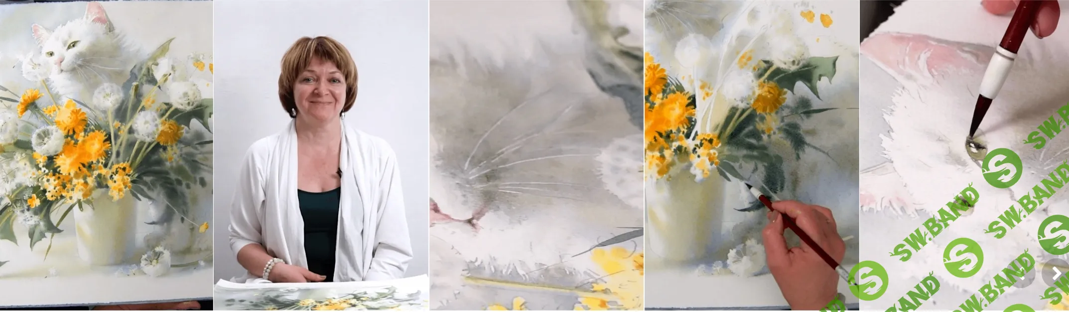 [Елена Базанова] Одуванчики и белая кошка акварелью (2024)