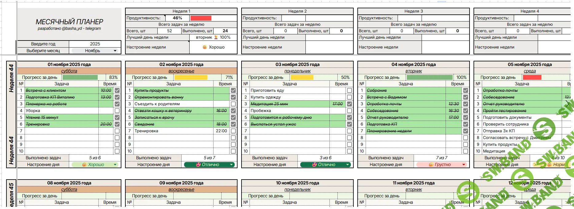 [Google sheets] Планер на месяц [OnePlans]