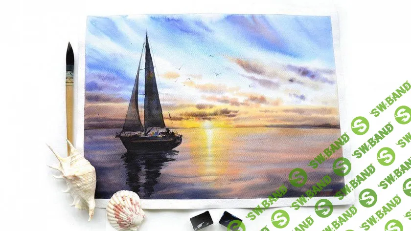 [Кустова Анастасия] Закат на море акварелью