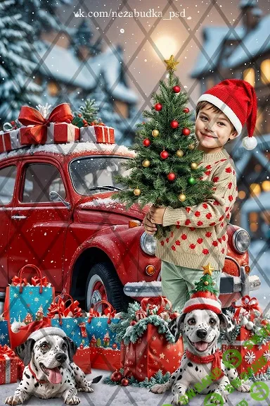 [PSD] Коллаж Новогодний с красной машиной №2 [Незабудка] [Любовь Левицкая]